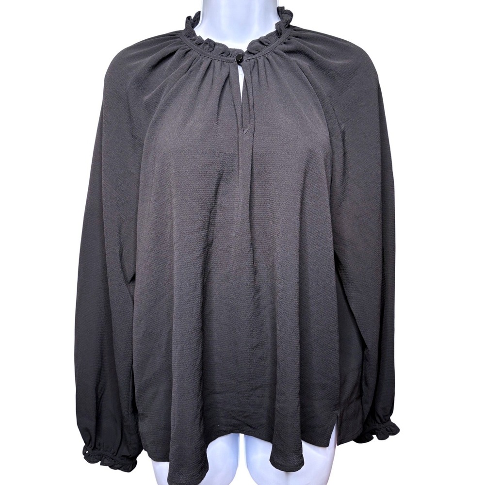 CECE Womens Black Ruffle Neck Long Sleeve Crepe Blouse Sz L Office Minimalist